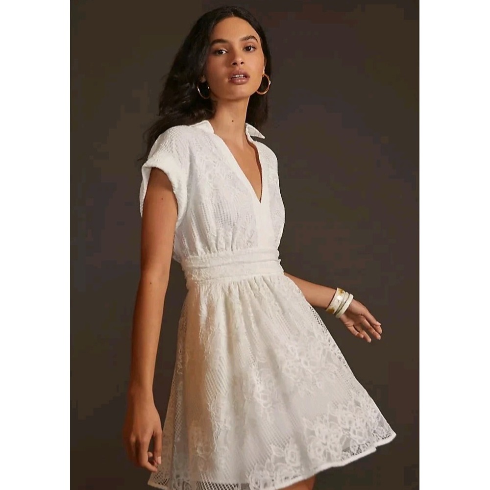 Maeve Anthropologie White Lace Mini Dress Fit Flare Boho Bridal 10 Collar V Neck